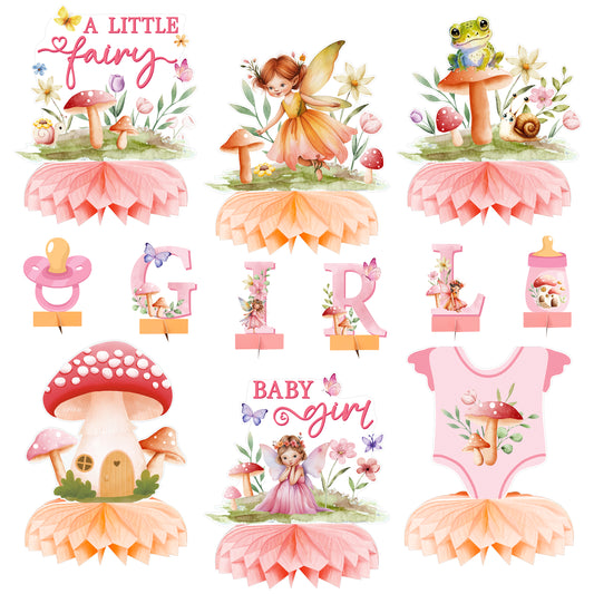 12Pcs Watercolor Mushroom Fairy Themed Honeycomb Centerpieces for Baby Girls Baby Shower Party Table Decorations